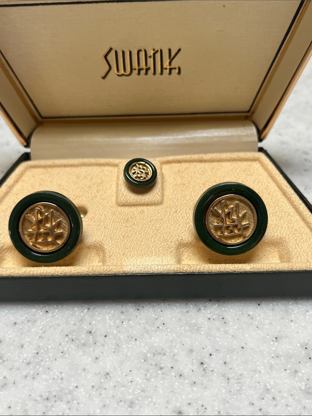 SWANK Green and Gold Round Cufflinks with Matching Tie pin